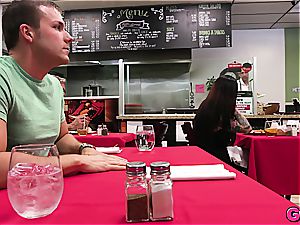 Melissa Moore gets a spunk-pump kebab under the table at the local food joint
